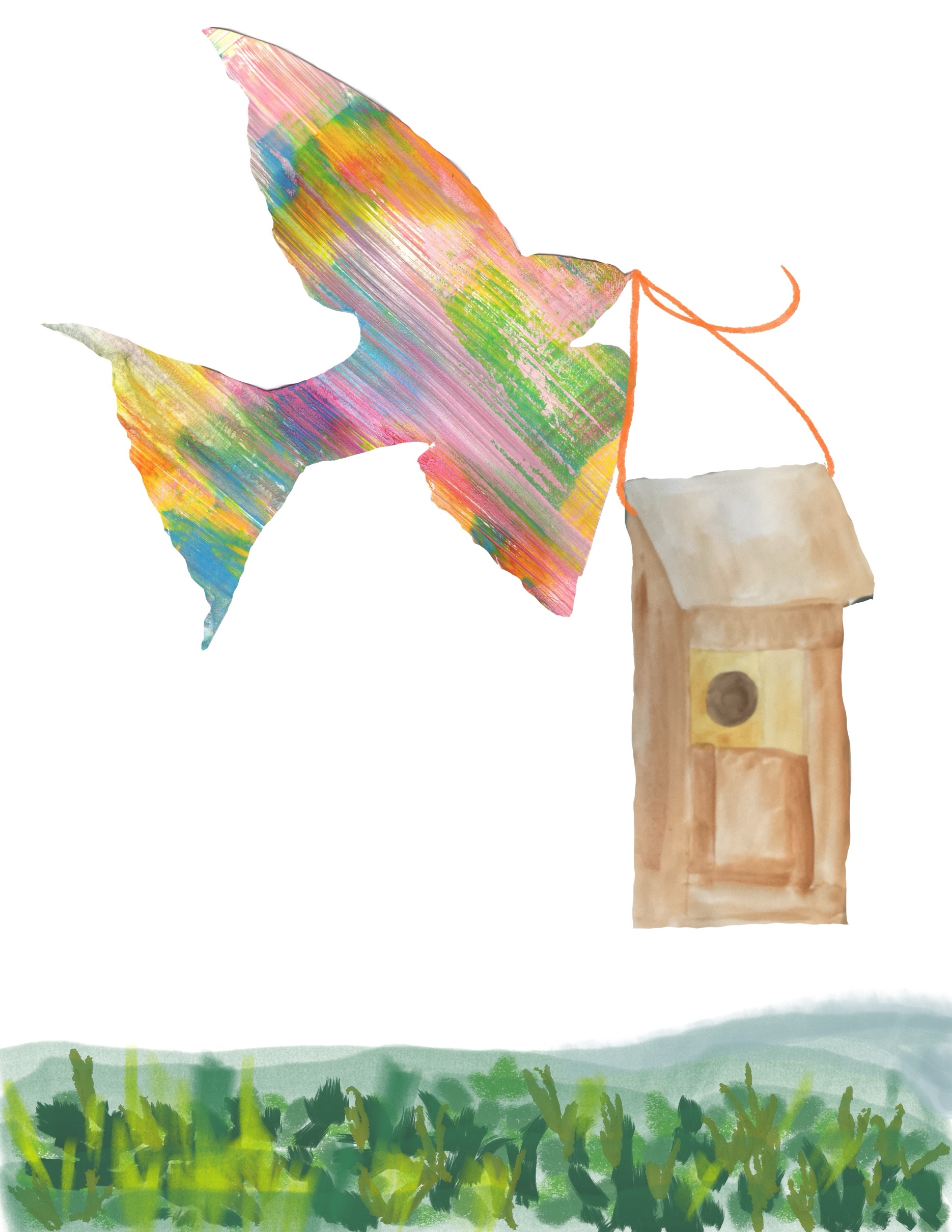 Colorful bird carrying a bird house